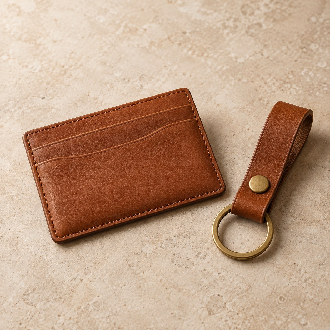 The Pocket Duo: cognac leather cardholder and matching brass-ring keyring