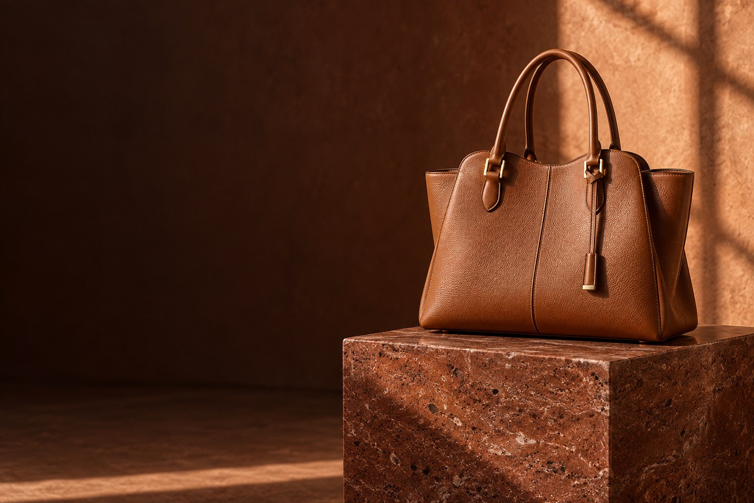 Sculptural cognac leather tote with gold-tone hardware, resting on a sunlit stone plinth